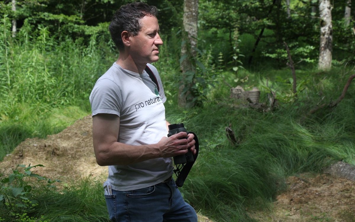 Matthias Betsche, Geschäftsführer Pro Natura Aargau, im Wald am Chestenberg bei den Gelbbauchunken-Tümpeln. 