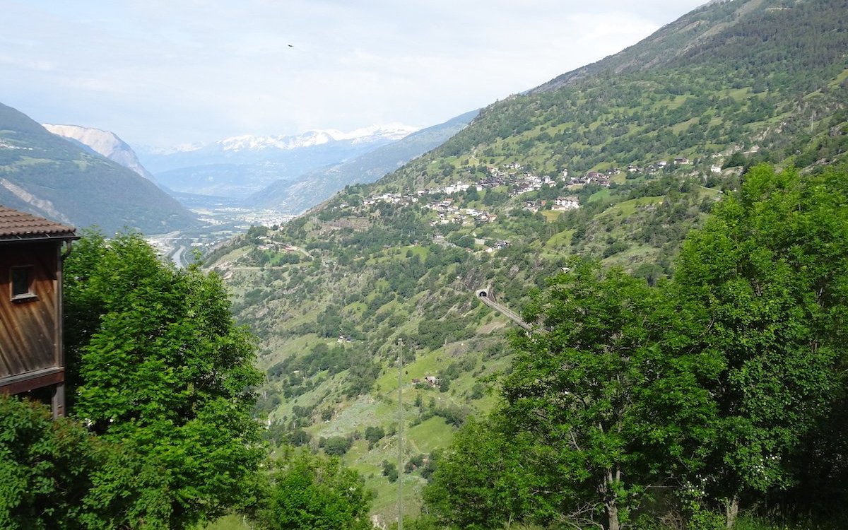 Blick ins Rhonetal, an den Hängen gedeiht die besondere Vegetation der Felsensteppen. 