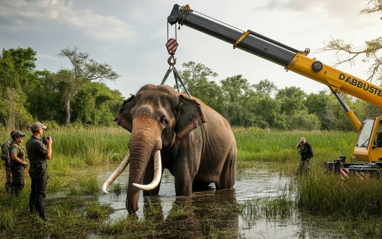 Ein Elefant wird per Hebekran aus einem Sumpf gerettet. Fotobeweis oder KI-generiertes Bild?